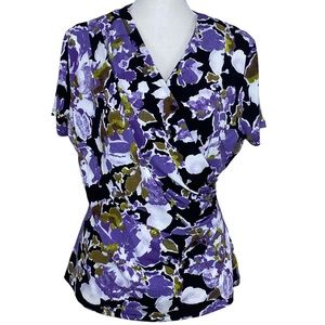 Jones New York Floral Faux Wrap Top L Black Purple Watercolor Tapered stretch
